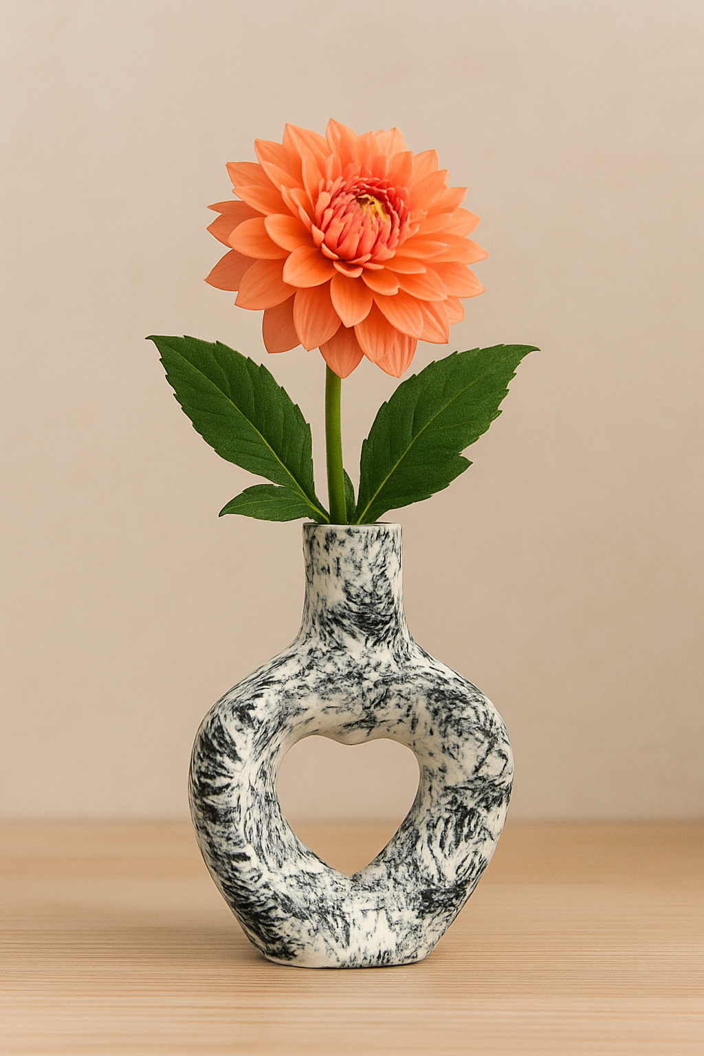 Modern Ceramic Vase with Heart Cutout, Black & White Abstract Floral Design