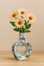 Modern Ceramic Vase with Heart Cutout, Black & White Abstract Floral Design