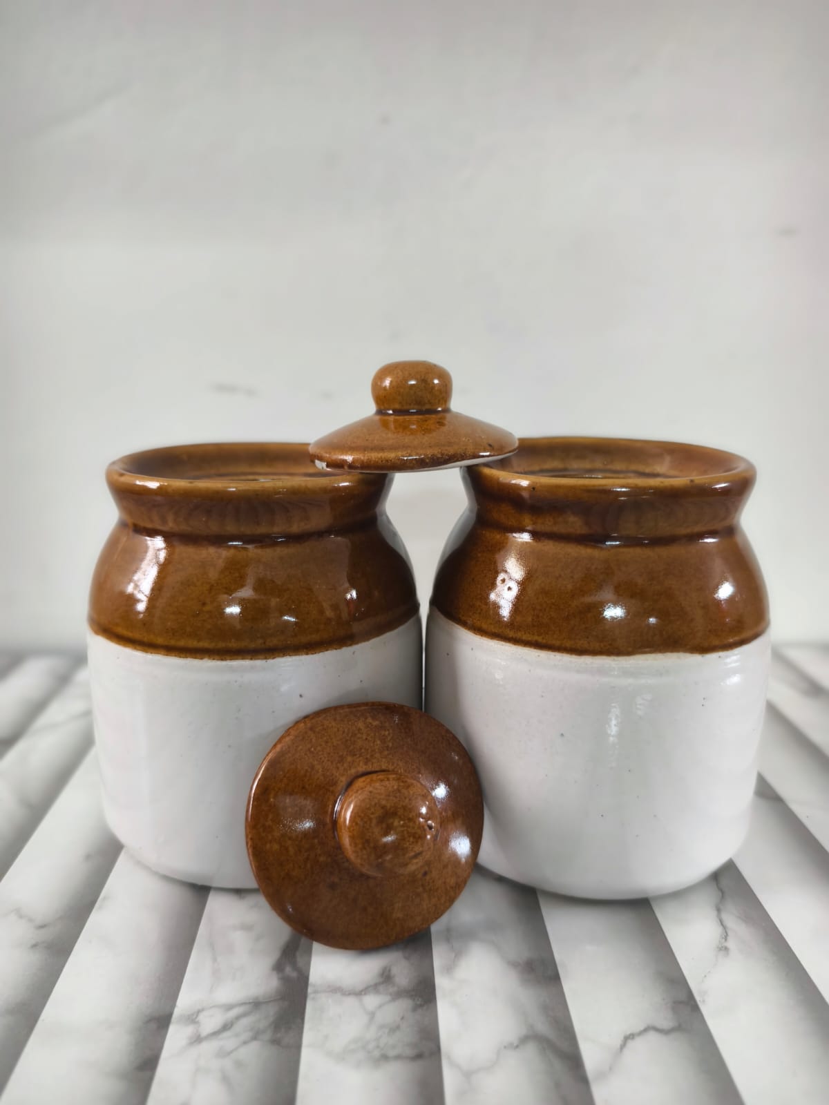 Traditional Ceramic Pickle Jar Set (2), Two-Tone Bharni Spice Container with Lid, Rustic Earthenware Kitchen Storage, 300ml