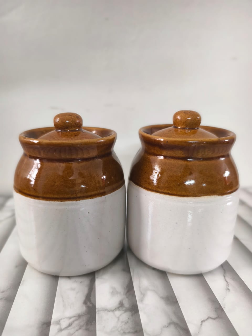 Traditional Ceramic Pickle Jar Set (2), Two-Tone Bharni Spice Container with Lid, Rustic Earthenware Kitchen Storage, 300ml