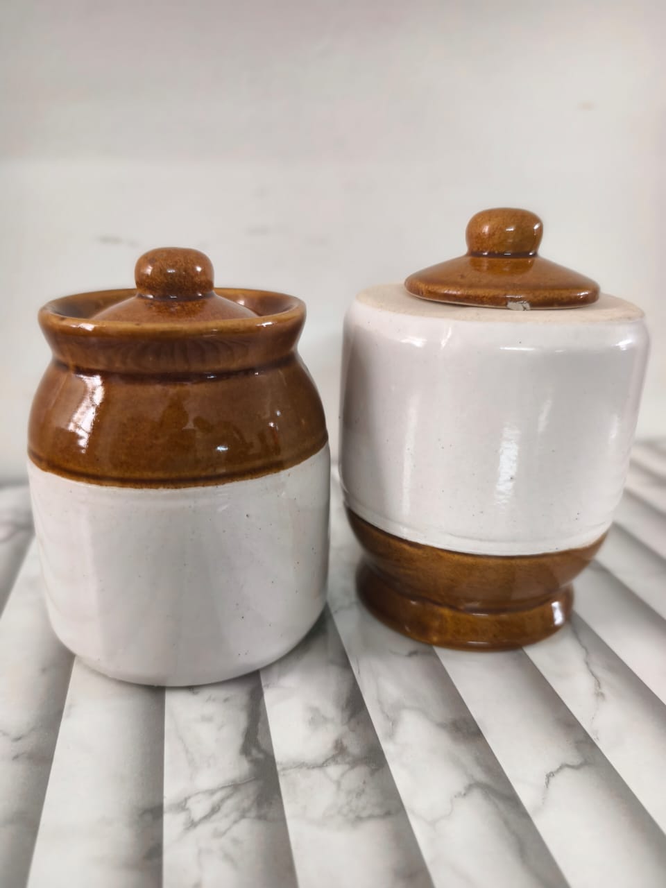 Traditional Ceramic Pickle Jar Set (2), Two-Tone Bharni Spice Container with Lid, Rustic Earthenware Kitchen Storage, 300ml