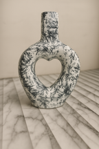 Modern Ceramic Vase with Heart Cutout, Black & White Abstract Floral Design