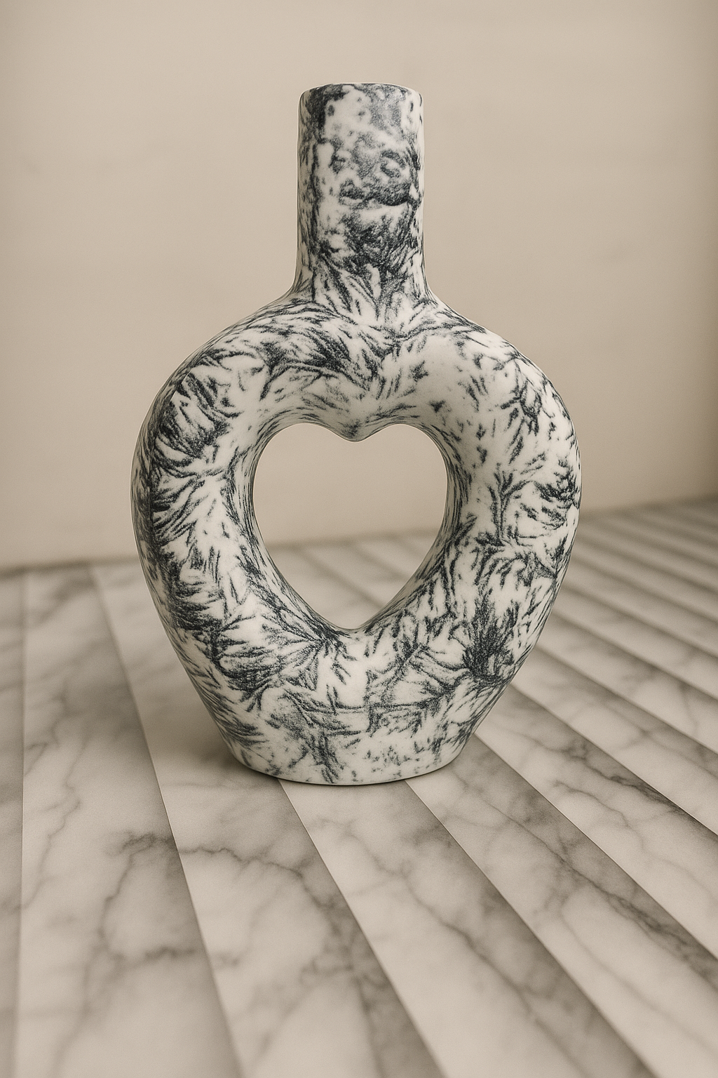Modern Ceramic Vase with Heart Cutout, Black & White Abstract Floral Design