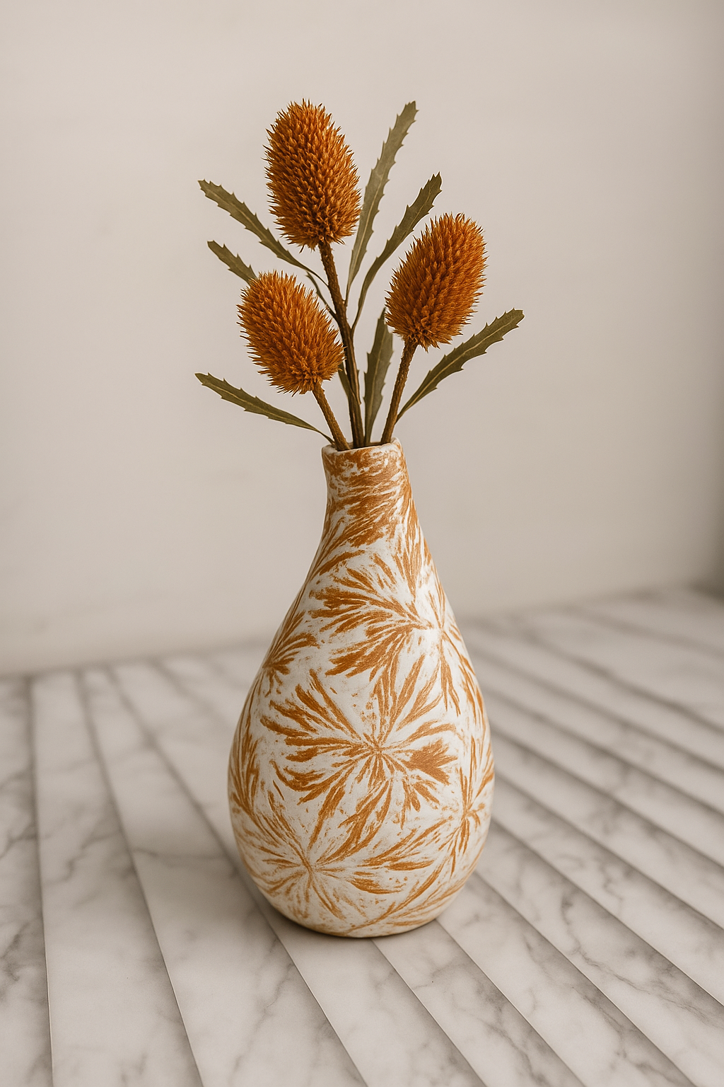 Rustic Ceramic Pear Vase, Hand-Painted Starburst Pattern, Bohemian Home Decor, Earthy Decorative Accent for Dried Flowers