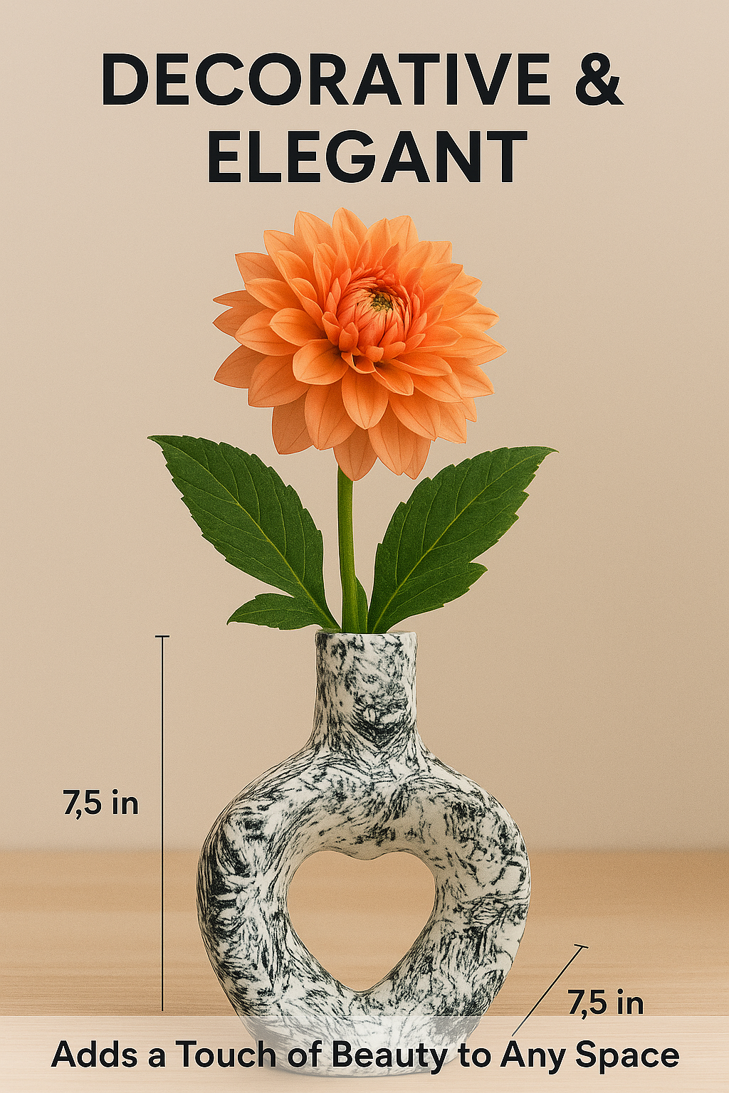 Modern Ceramic Vase with Heart Cutout, Black & White Abstract Floral Design