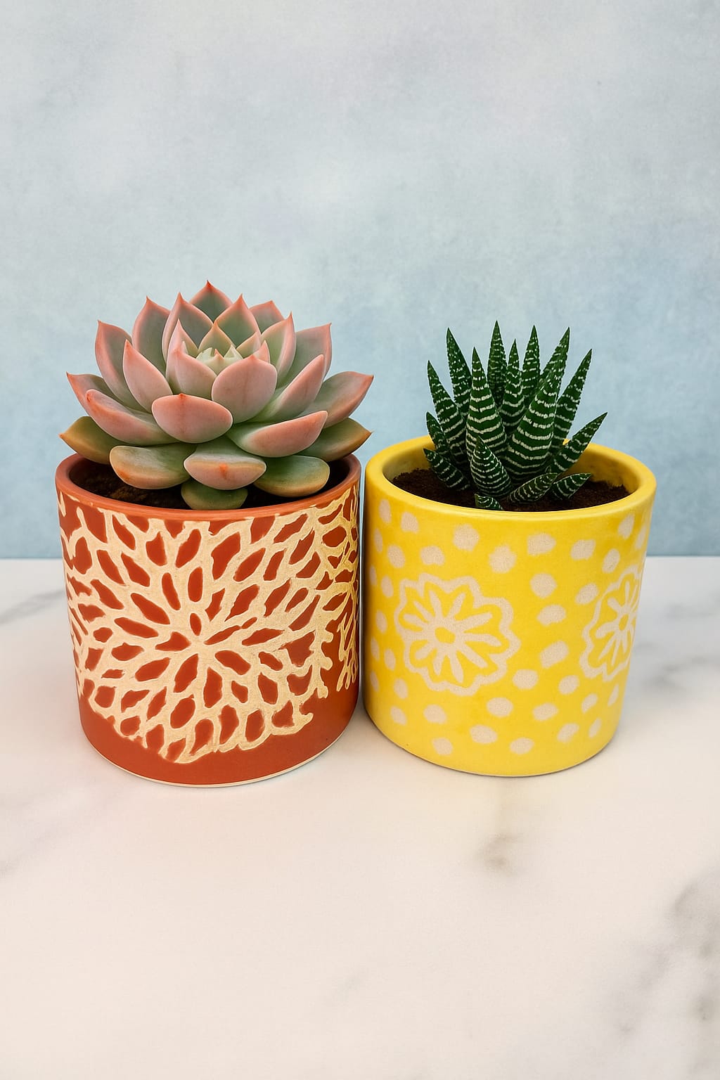 Shreeji Deals™ Ceramic Planter Pots (Set of 2), 4-Inch Tabletop Decor, Handmade Floral Textured Design, Multi-Purpose Indoor Planters