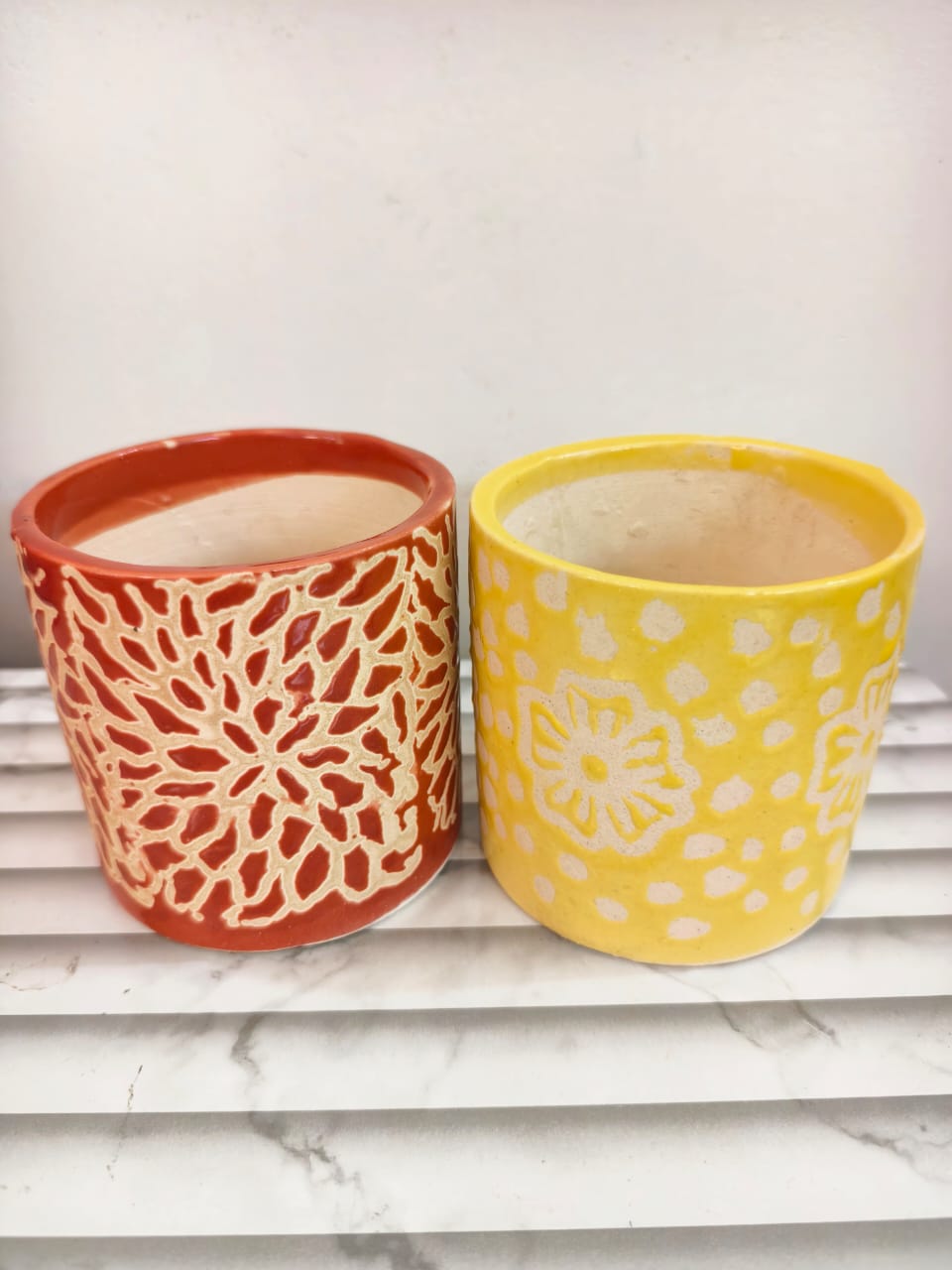 Shreeji Deals™ Ceramic Planter Pots (Set of 2), 4-Inch Tabletop Decor, Handmade Floral Textured Design, Multi-Purpose Indoor Planters