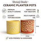 Shreeji Deals™ Ceramic Planter Pots (Set of 2), 4-Inch Tabletop Decor, Handmade Floral Textured Design, Multi-Purpose Indoor Planters