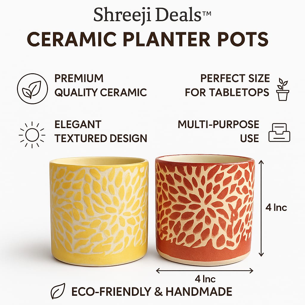Shreeji Deals™ Ceramic Planter Pots (Set of 2), 4-Inch Tabletop Decor, Handmade Floral Textured Design, Multi-Purpose Indoor Planters