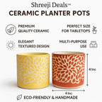 Shreeji Deals™ Ceramic Planter Pots (Set of 2), 4-Inch Tabletop Decor, Handmade Floral Textured Design, Multi-Purpose Indoor Planters