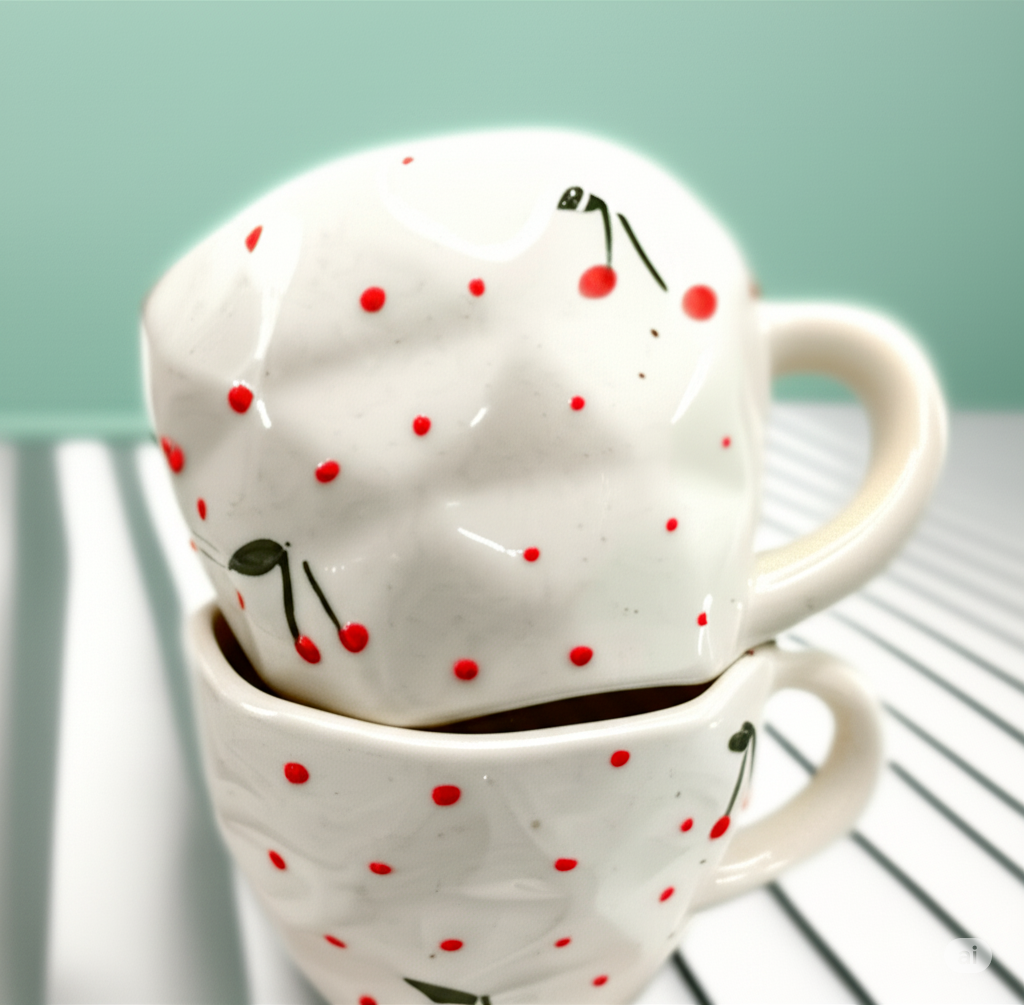 Handcrafted Ceramic Cherry Cups Set of 2, Cute Dotted Mugs, Artisanal Coffee & Tea Mugs, Unique Kitchen Gift