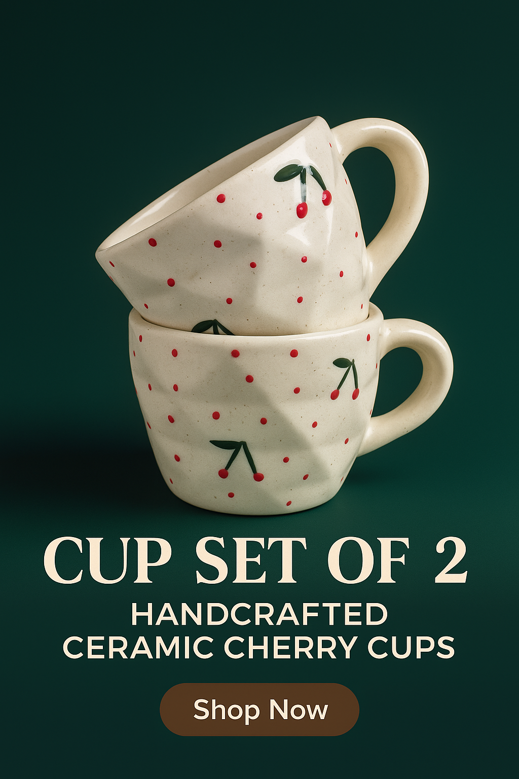 Handcrafted Ceramic Cherry Cups Set of 2, Cute Dotted Mugs, Artisanal Coffee & Tea Mugs, Unique Kitchen Gift