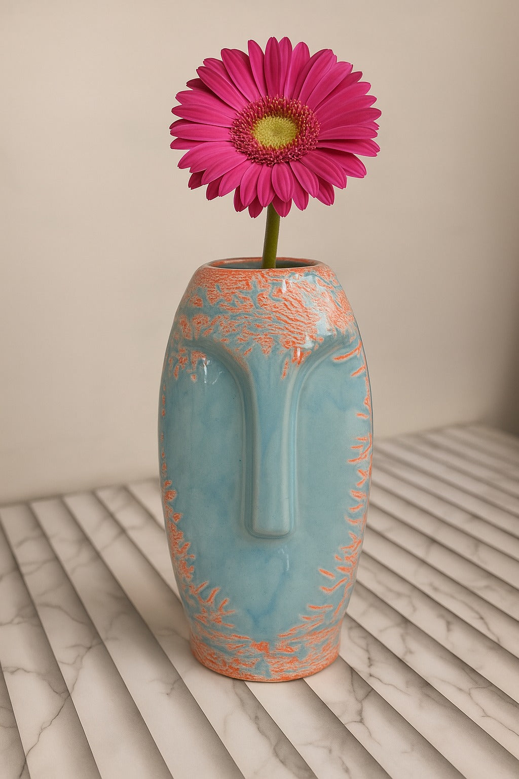 Artistic Ceramic Face Vase, Modern Sculptural Table Decor, Blue & Orange Textured Design, Unique Home Accent
