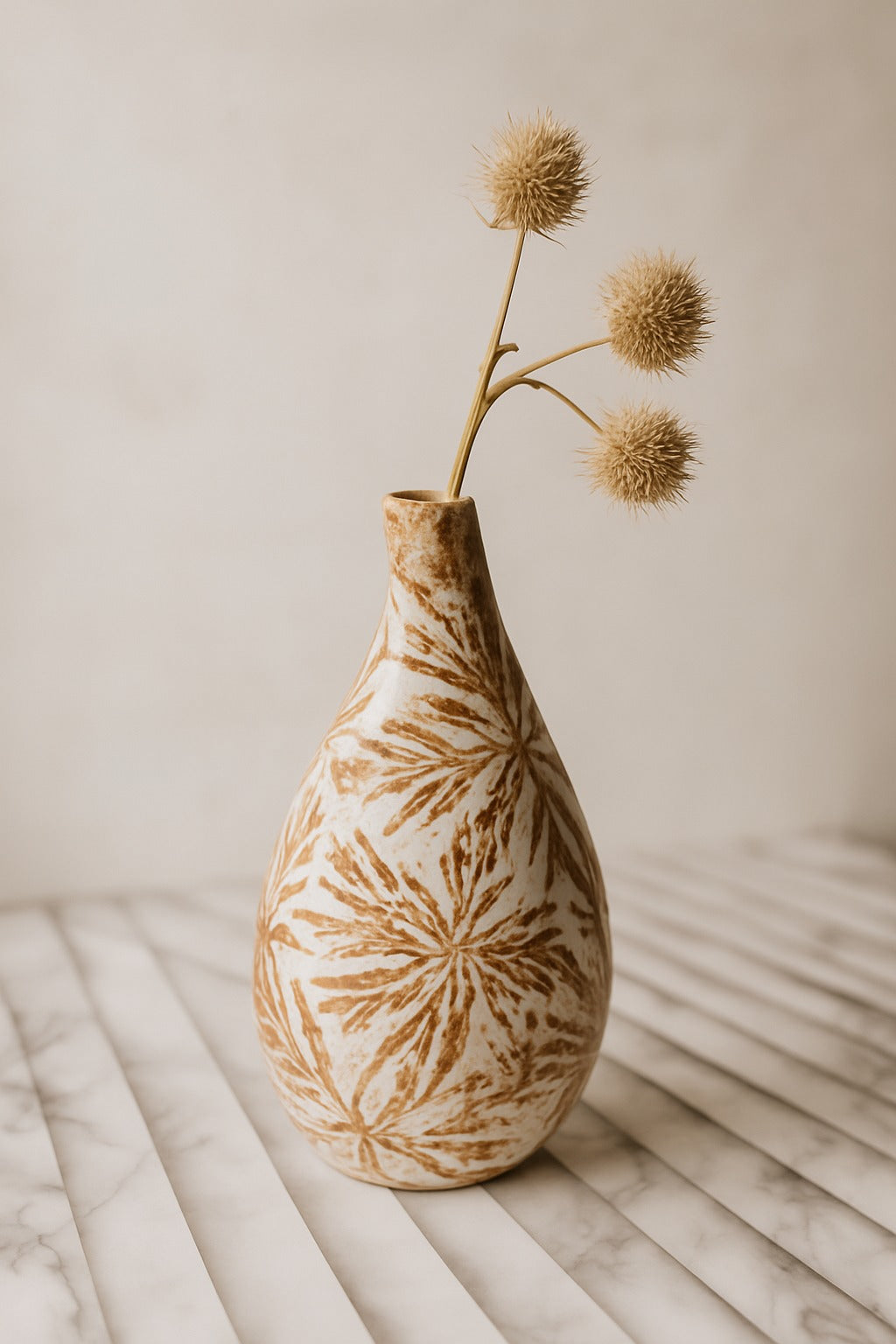 Rustic Ceramic Pear Vase, Hand-Painted Starburst Pattern, Bohemian Home Decor, Earthy Decorative Accent for Dried Flowers