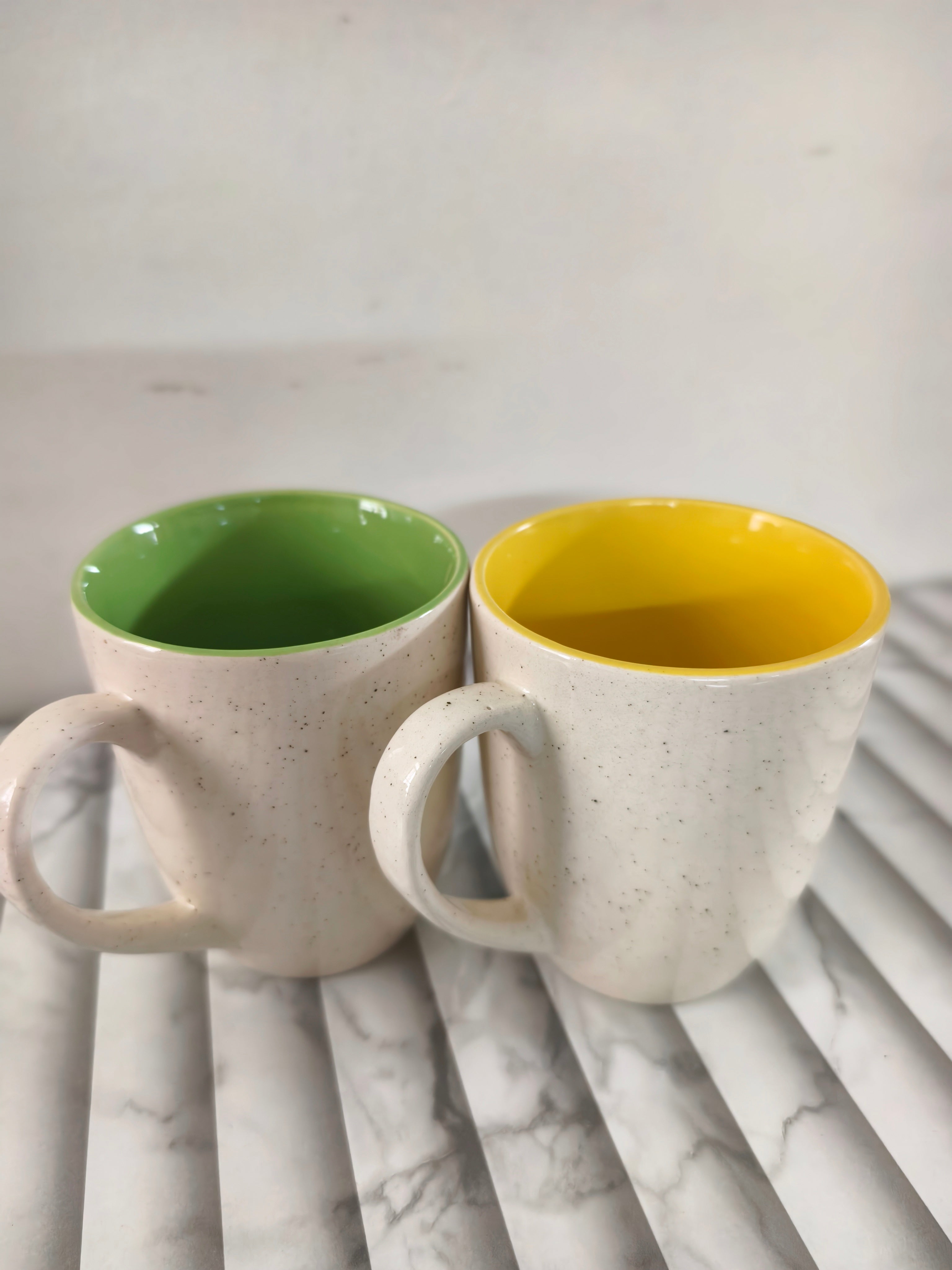 Speckled Ceramic Coffee Mugs (Set of 2), Two-Tone Beige with Green Interior, Rustic Style Tea Cups, 350ml