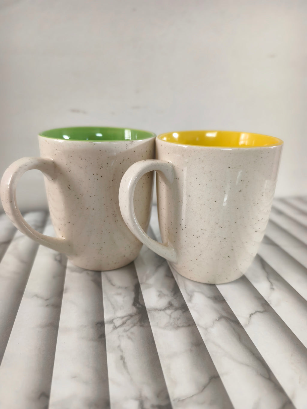 Speckled Ceramic Coffee Mugs (Set of 2), Two-Tone Beige with Green Interior, Rustic Style Tea Cups, 350ml