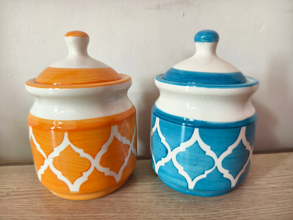 Shreeji Deals™ Ceramic Storage Jars – Set of 2 (Orange & Turquoise) | 3.5 Inch | Handcrafted & Stylish Kitchen Containers