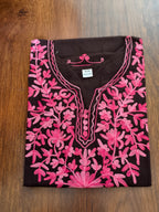 ShreeJi Deals™ Women’s Pure Cotton Brown Embroidered Short Kurti – Elegant Daily Wear | Sizes XS to L