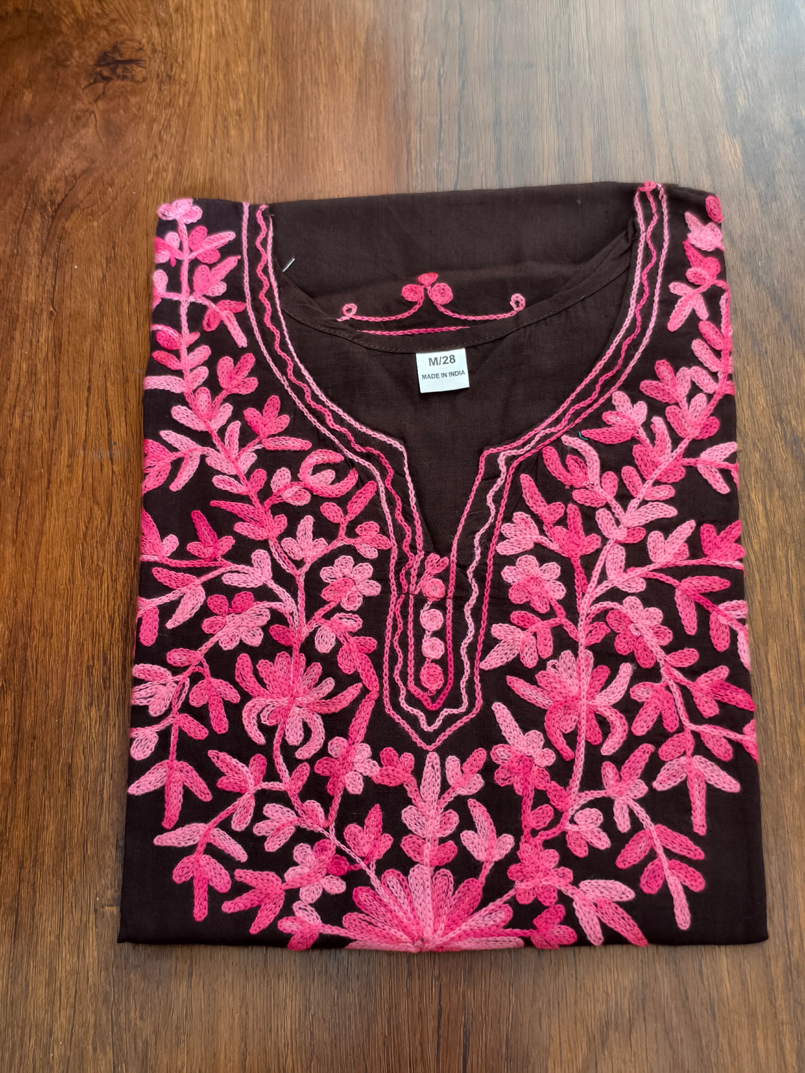 ShreeJi Deals™ Women’s Pure Cotton Brown Embroidered Short Kurti – Elegant Daily Wear | Sizes XS to L