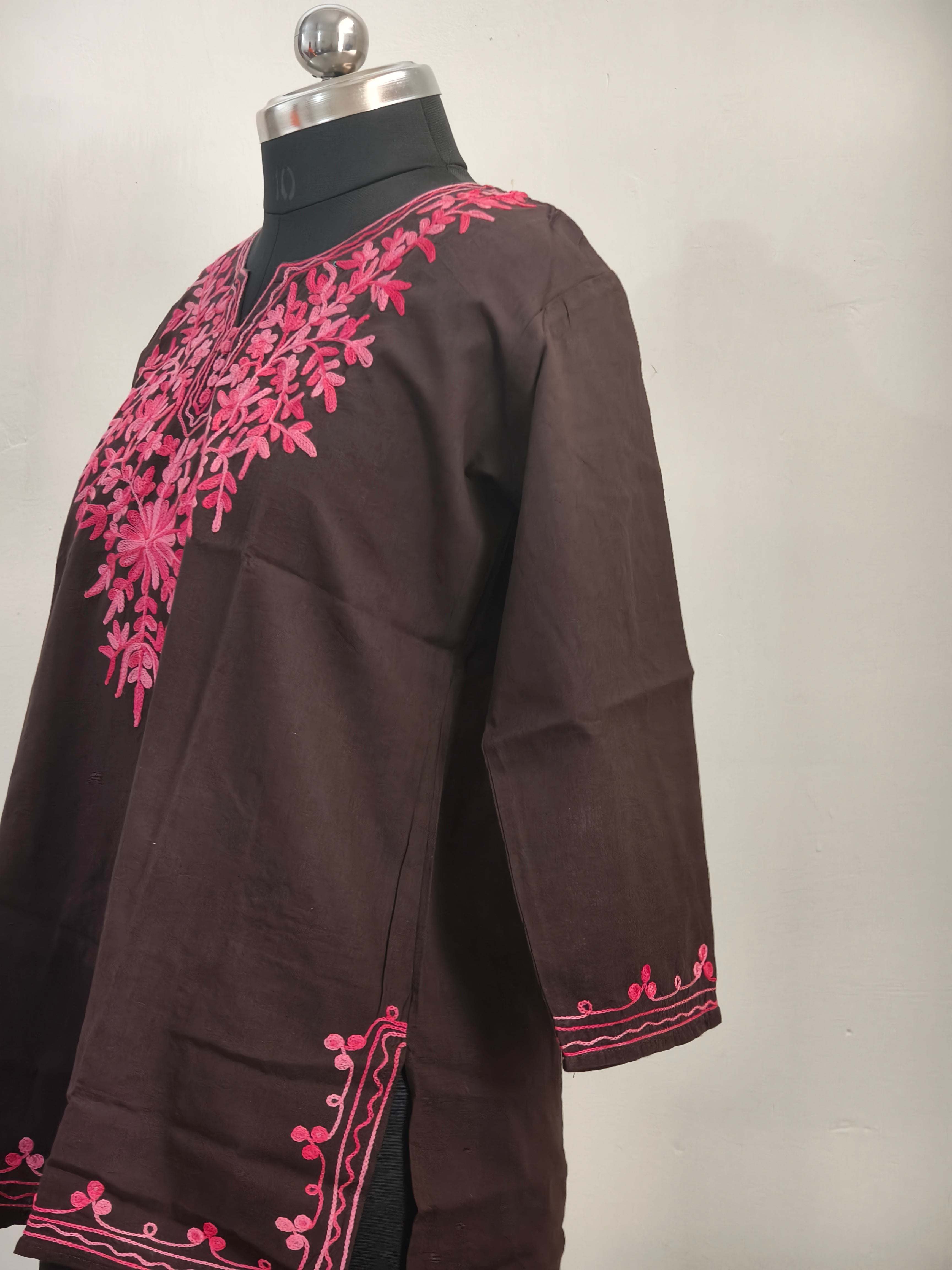 ShreeJi Deals™ Women’s Pure Cotton Brown Embroidered Short Kurti – Elegant Daily Wear | Sizes XS to L