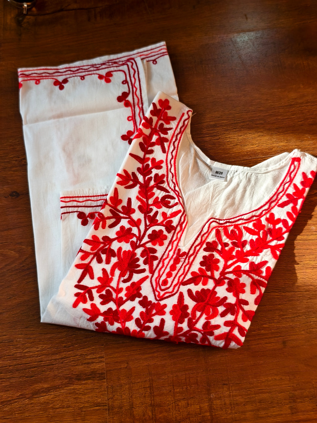 ShreeJi Deals™ Women’s White Cotton Kurti with Red Embroidery | Elegant Straight Fit Tunic | Ethnic Wear for Office & Daily Use