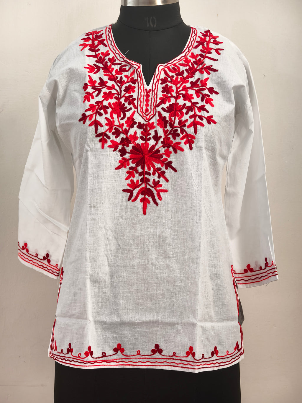 ShreeJi Deals™ Women’s White Cotton Kurti with Red Embroidery | Elegant Straight Fit Tunic | Ethnic Wear for Office & Daily Use