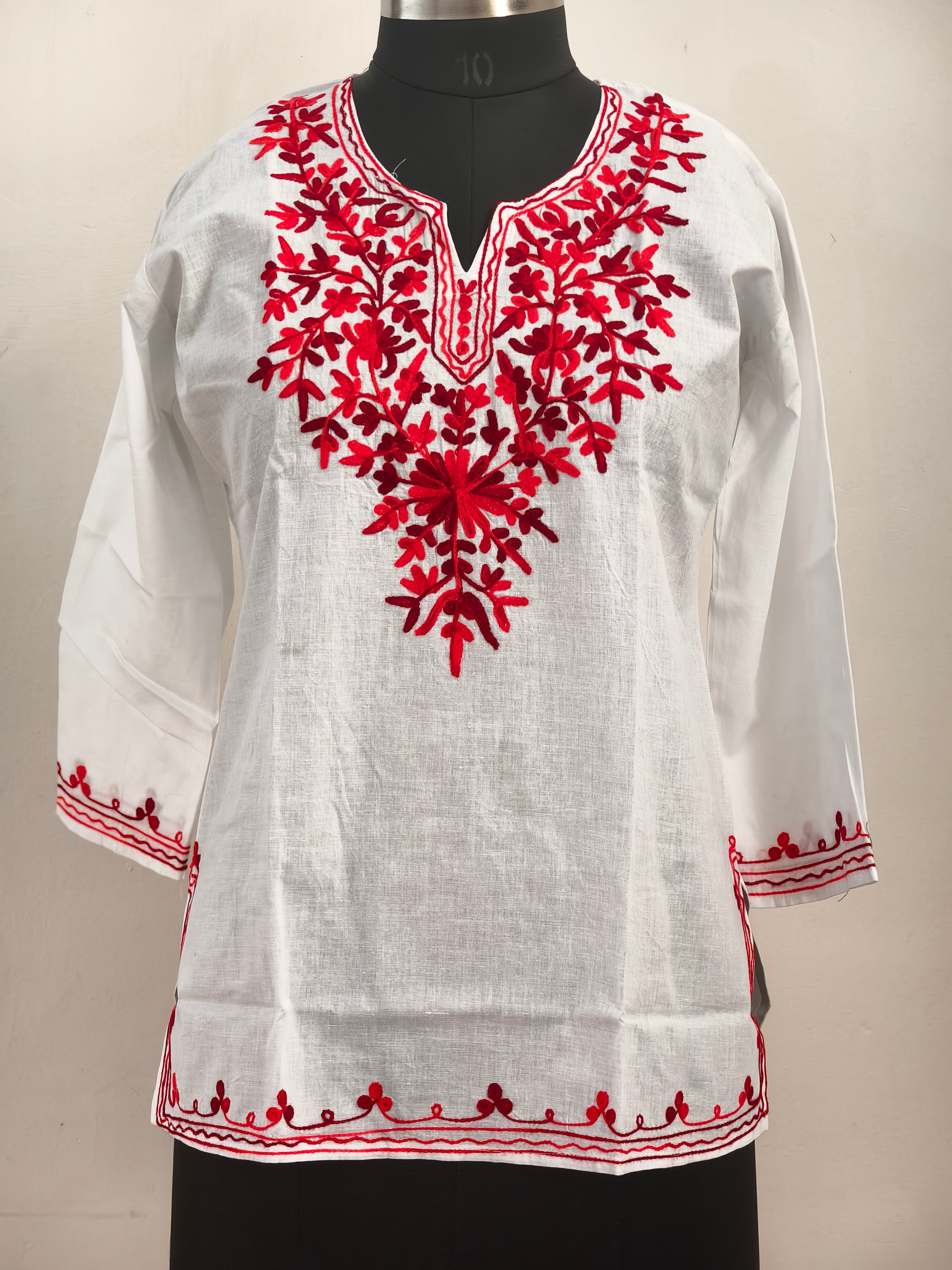 ShreeJi Deals™ Women’s White Cotton Kurti with Red Embroidery | Elegant Straight Fit Tunic | Ethnic Wear for Office & Daily Use