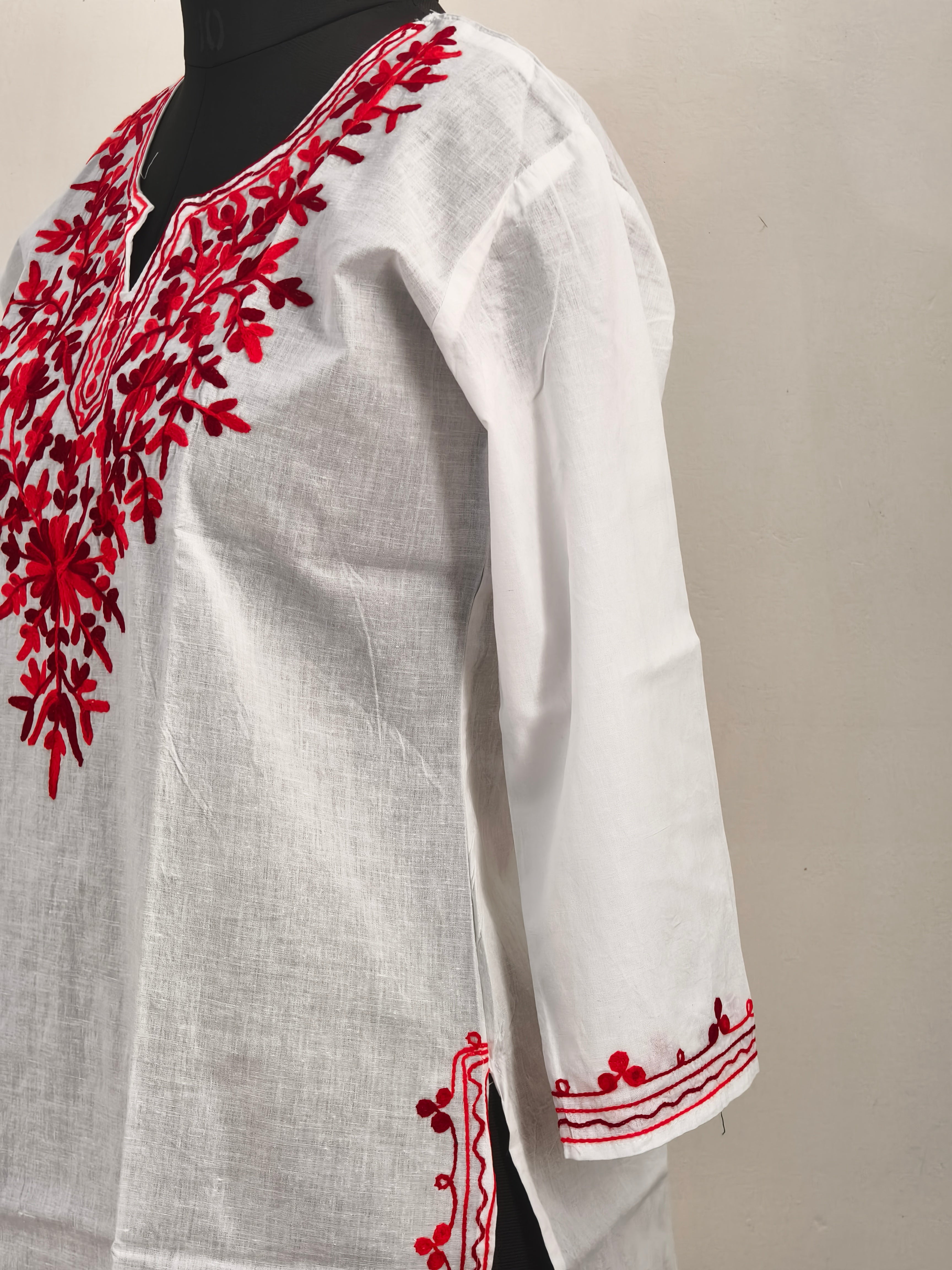 ShreeJi Deals™ Women’s White Cotton Kurti with Red Embroidery | Elegant Straight Fit Tunic | Ethnic Wear for Office & Daily Use