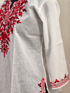 ShreeJi Deals™ Women’s White Cotton Kurti with Red Embroidery | Elegant Straight Fit Tunic | Ethnic Wear for Office & Daily Use
