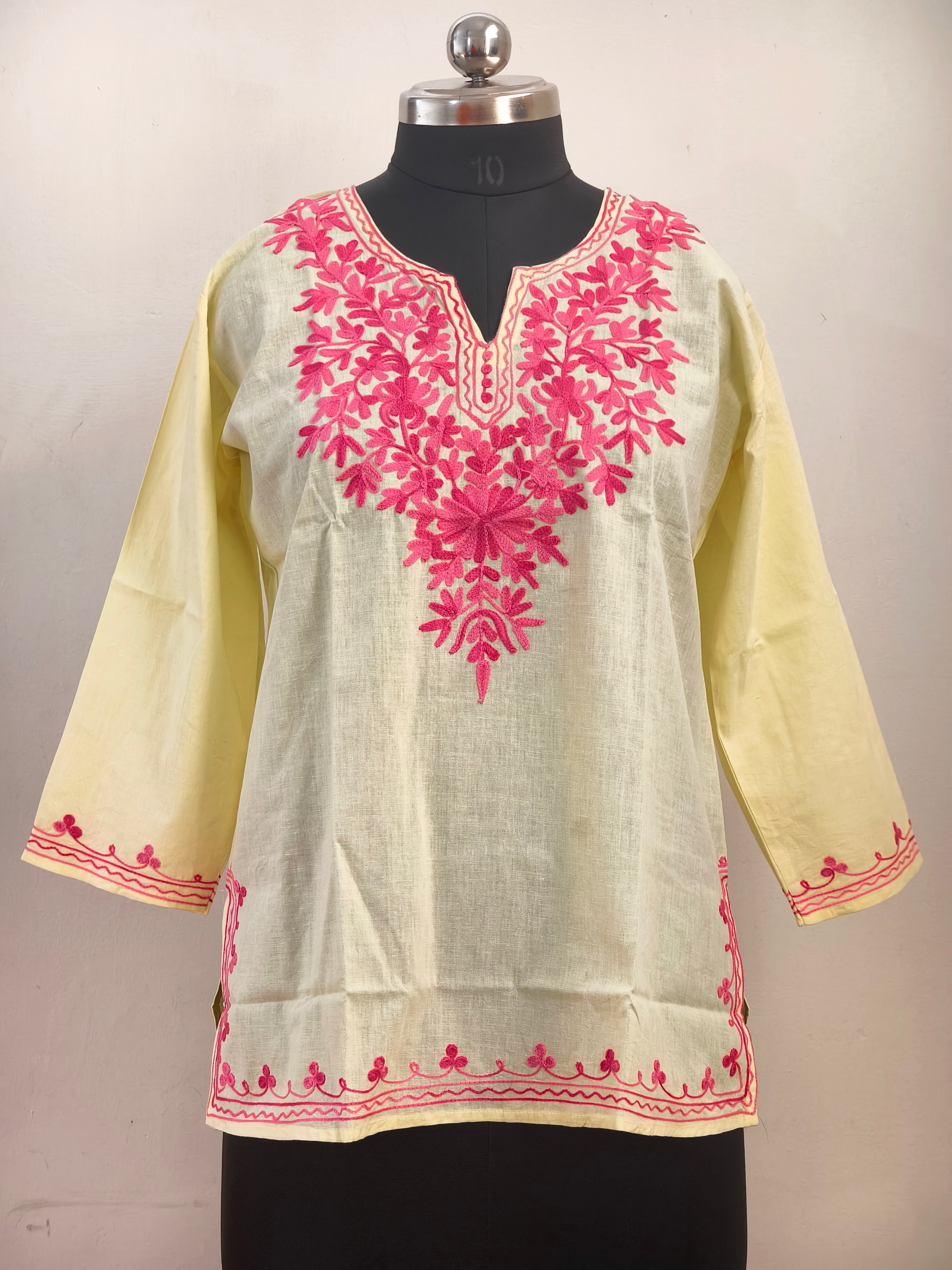 ShreeJi Deals™ Women's Yellow Cotton Embroidered Kurti | Ethnic Floral Tunic for Daily & Office Wear | Soft & Breathable Fabric