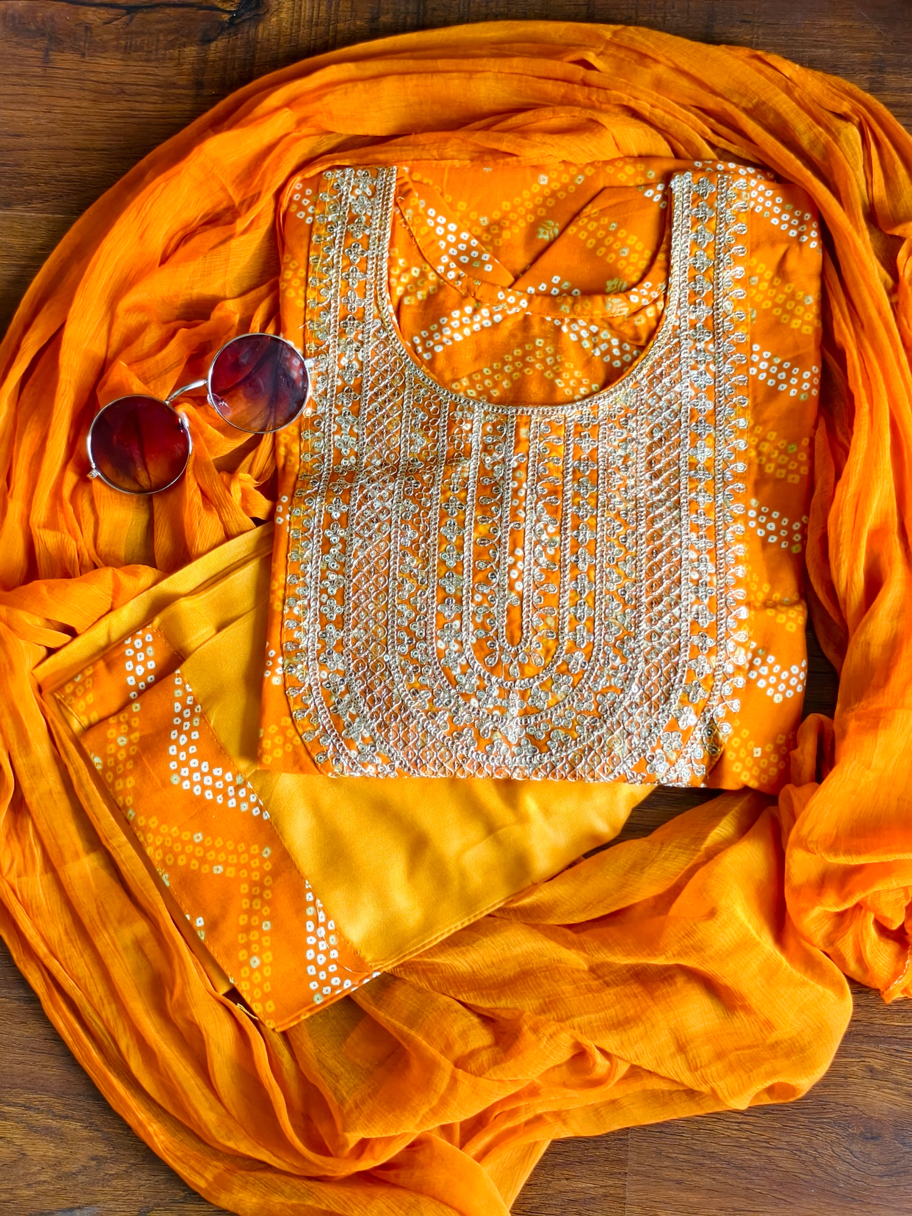 ShreeJi Deals™ Yellow Bandhani Gota Patti Suit Set – 3 Piece Ethnic Wear with Dupatta