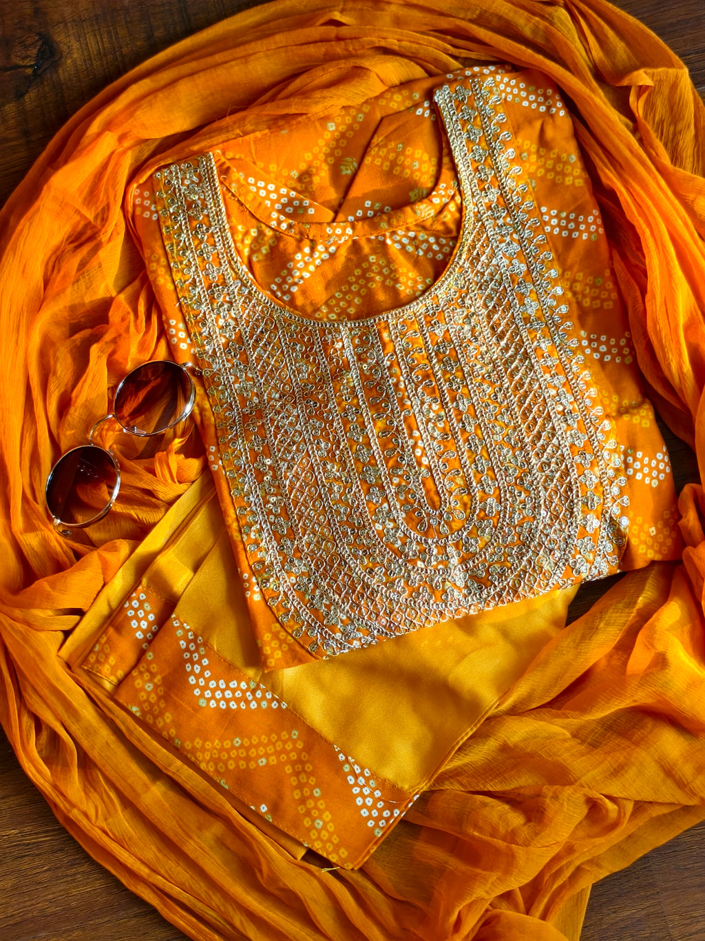 ShreeJi Deals™ Yellow Bandhani Gota Patti Suit Set – 3 Piece Ethnic Wear with Dupatta