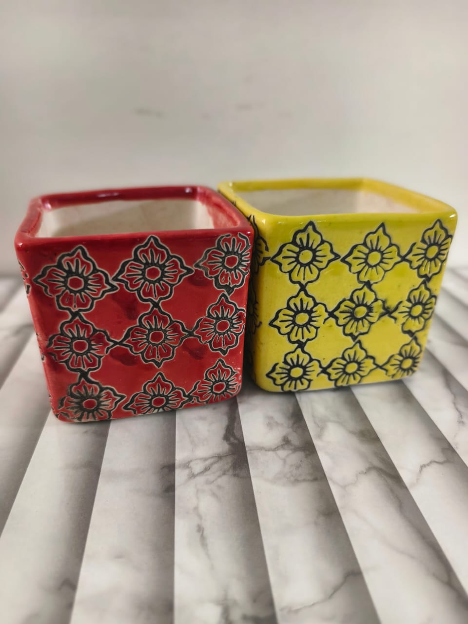 Square Ceramic Planter Pots (Set of 2), 3x3 Inch Red & Yellow Floral Embossed Design, Small Indoor Plant Holders for Succulents