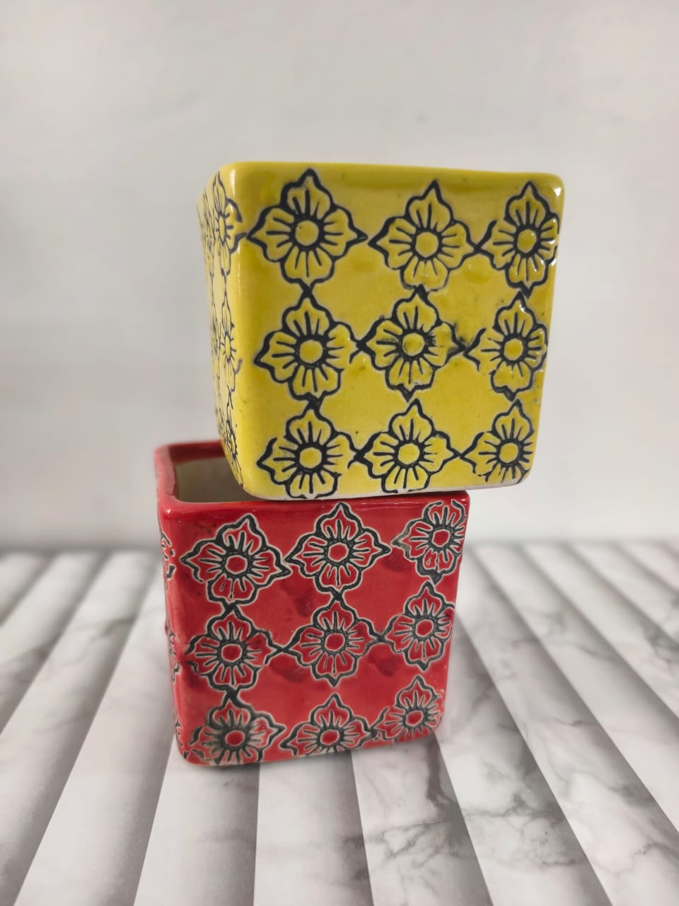Square Ceramic Planter Pots (Set of 2), 3x3 Inch Red & Yellow Floral Embossed Design, Small Indoor Plant Holders for Succulents