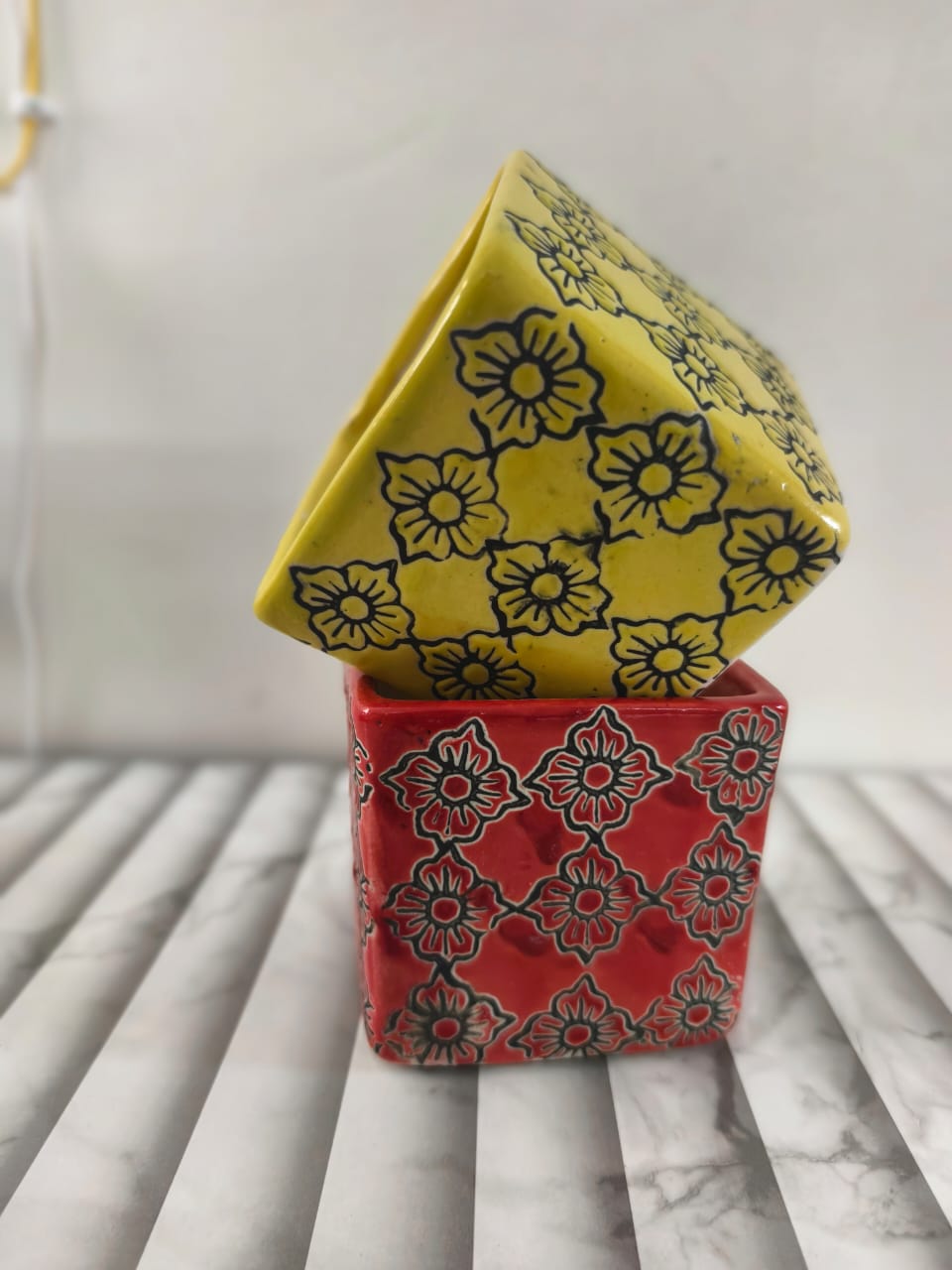 Square Ceramic Planter Pots (Set of 2), 3x3 Inch Red & Yellow Floral Embossed Design, Small Indoor Plant Holders for Succulents