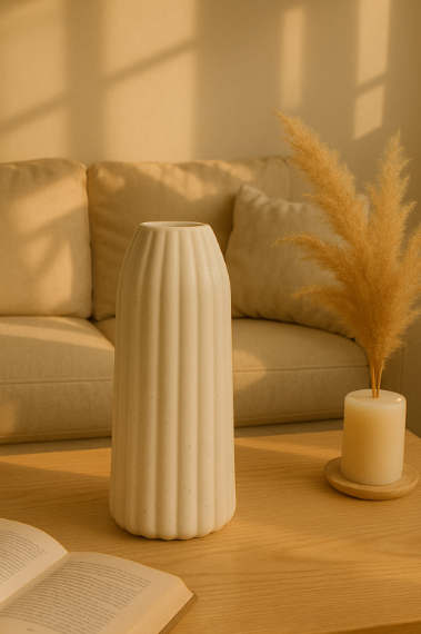 Modern Fluted Ceramic Vase, Speckled White