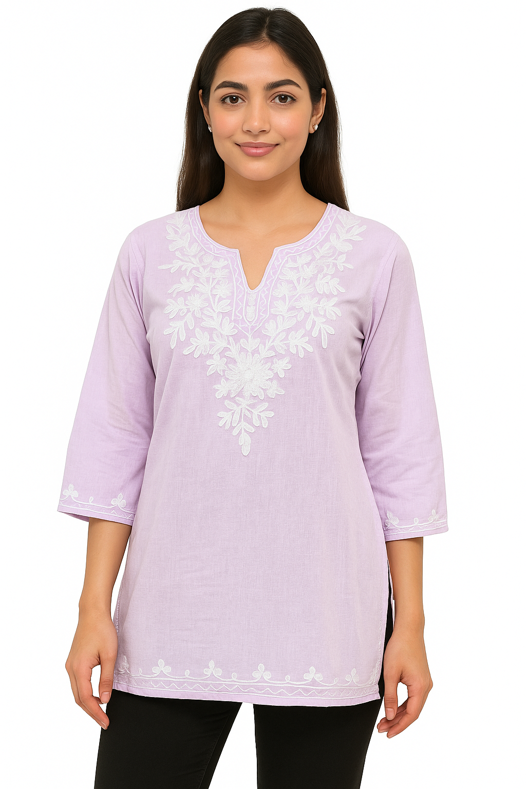 ShreeJi Deals™ Women's Lavender Cotton Embroidered Kurti | Pure Cotton | Casual & Festive Wear | Sizes XS to L