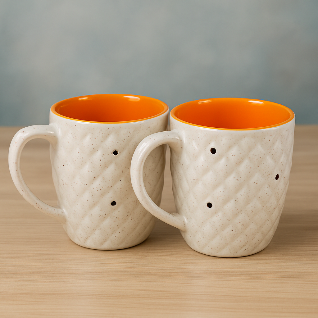 Textured Ceramic Coffee Mugs (Set of 2), Two-Tone Quilted Design with Green & Orange Interior, Rustic Style Mugs, 350ml