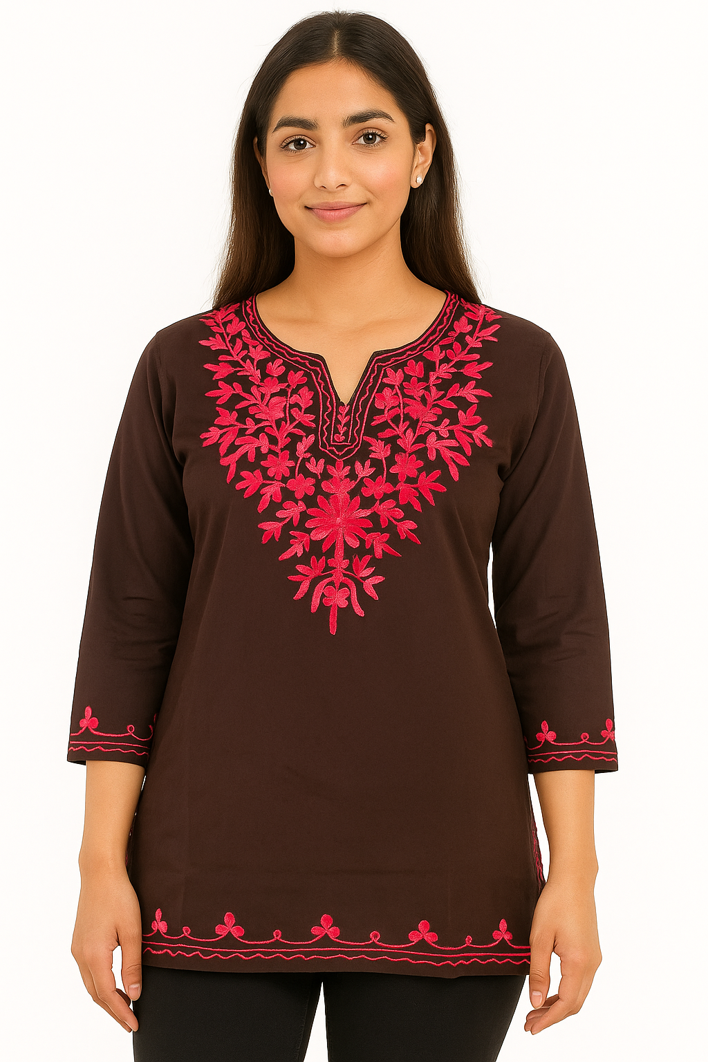 ShreeJi Deals™ Women’s Pure Cotton Brown Embroidered Short Kurti – Elegant Daily Wear | Sizes XS to L