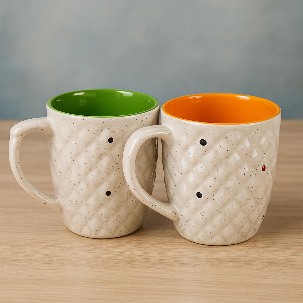 Textured Ceramic Coffee Mugs (Set of 2), Two-Tone Quilted Design with Green & Orange Interior, Rustic Style Mugs, 350ml