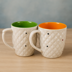Textured Ceramic Coffee Mugs (Set of 2), Two-Tone Quilted Design with Green & Orange Interior, Rustic Style Mugs, 350ml