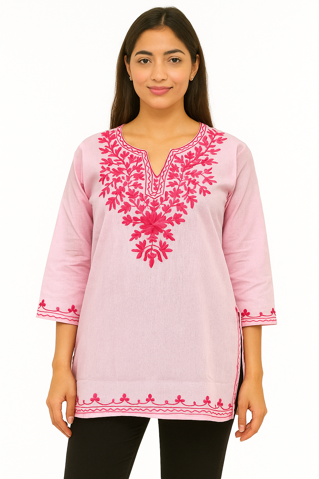 ShreeJi Deals™ Women's Light Pink Pure Cotton Embroidered Kurti | Straight Fit Ethnic Tunic | Comfortable Summer Wear for Office & Daily Use