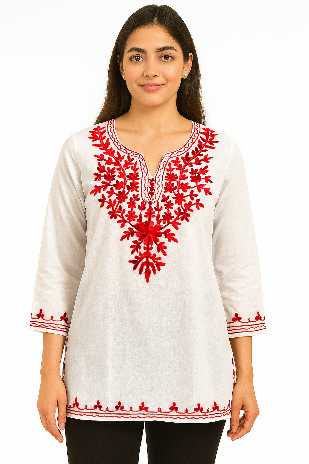 ShreeJi Deals™ Women’s White Cotton Kurti with Red Embroidery | Elegant Straight Fit Tunic | Ethnic Wear for Office & Daily Use