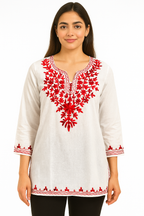 ShreeJi Deals™ Women’s White Cotton Kurti with Red Embroidery | Elegant Straight Fit Tunic | Ethnic Wear for Office & Daily Use