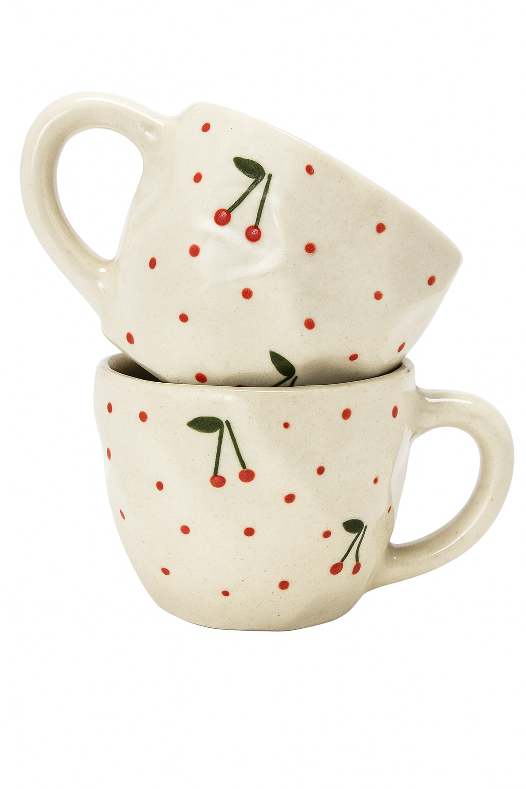 Handcrafted Ceramic Cherry Cups Set of 2, Cute Dotted Mugs, Artisanal Coffee & Tea Mugs, Unique Kitchen Gift
