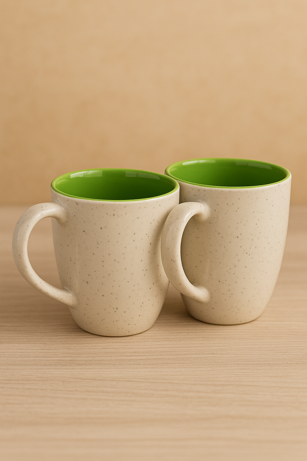 Speckled Ceramic Coffee Mugs (Set of 2), Two-Tone Beige with Green Interior, Rustic Style Tea Cups, 350ml