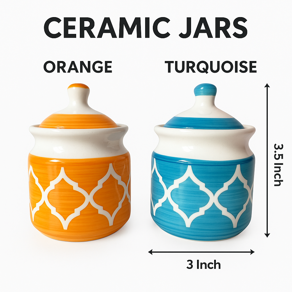 Shreeji Deals™ Ceramic Storage Jars – Set of 2 (Orange & Turquoise) | 3.5 Inch | Handcrafted & Stylish Kitchen Containers