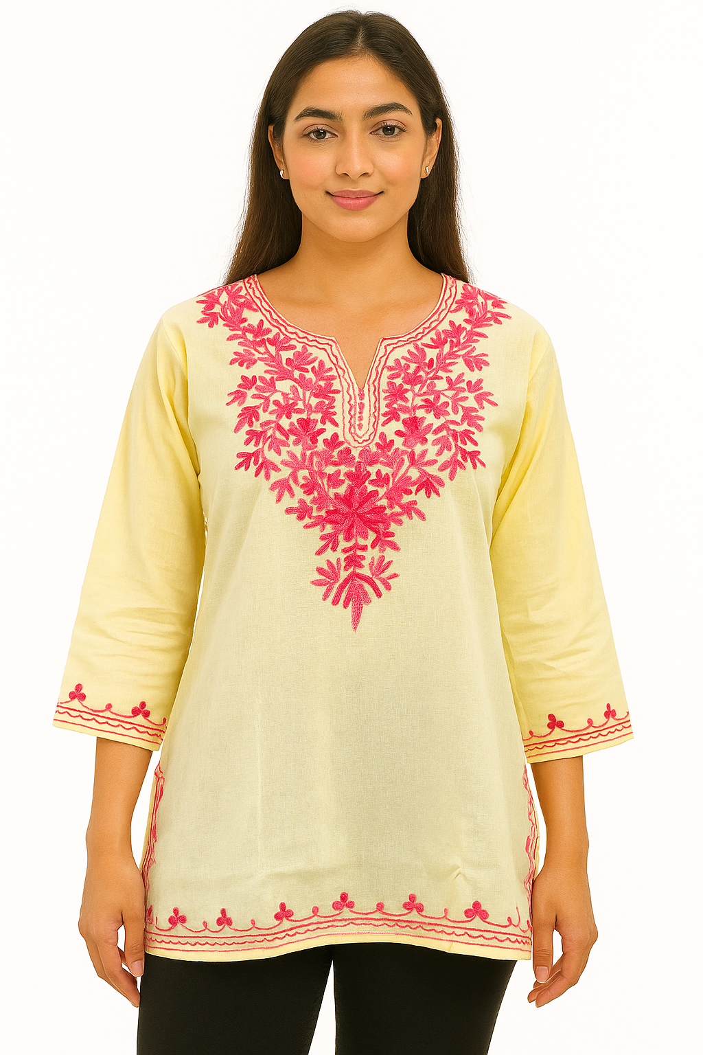 ShreeJi Deals™ Women's Yellow Cotton Embroidered Kurti | Ethnic Floral Tunic for Daily & Office Wear | Soft & Breathable Fabric