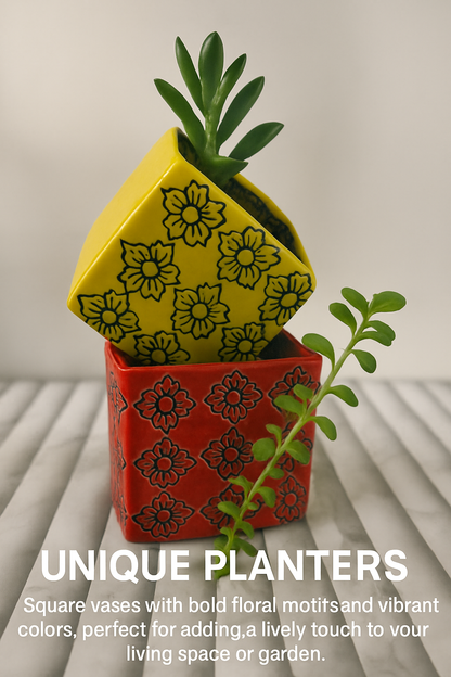 Square Ceramic Planter Pots (Set of 2), 3x3 Inch Red & Yellow Floral Embossed Design, Small Indoor Plant Holders for Succulents