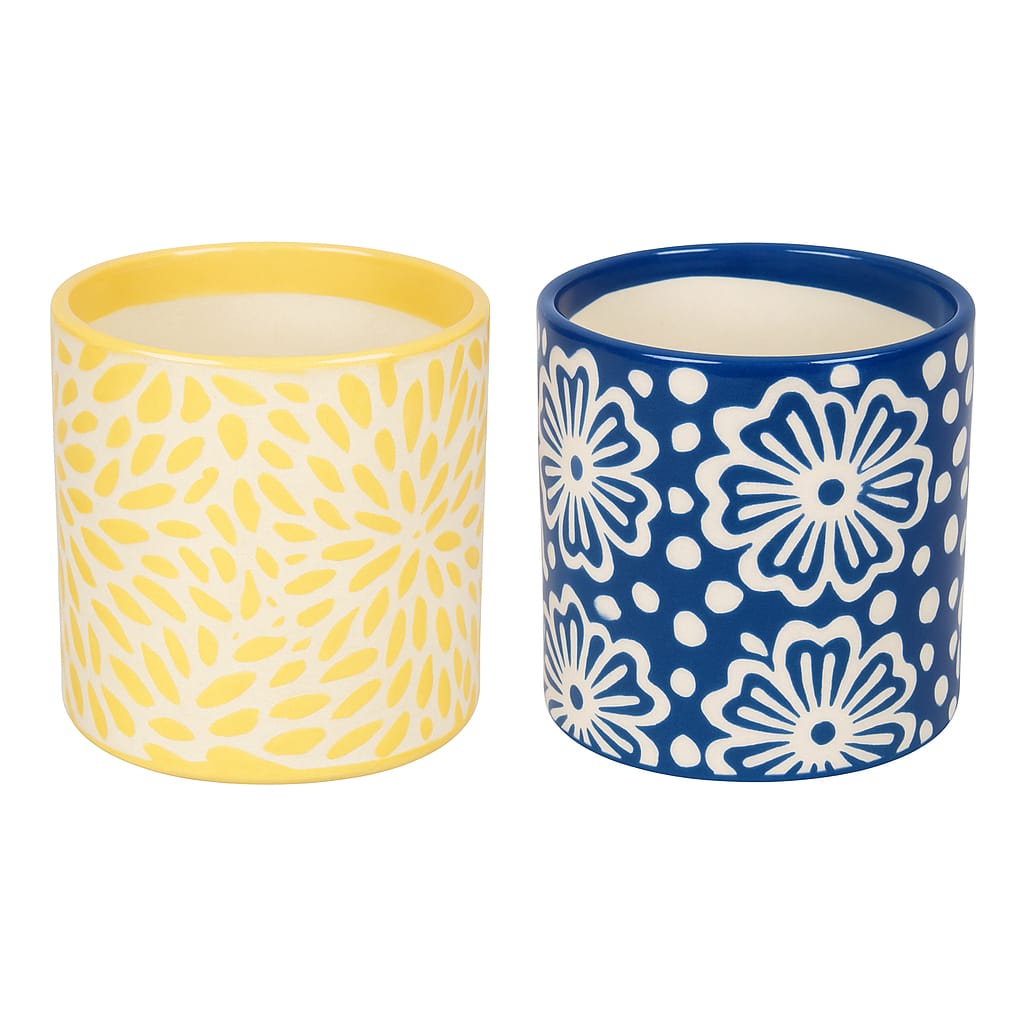 Shreeji Deals™ Ceramic Planter Pots (Set of 2), 4-Inch Tabletop Decor, Handmade Blue & Yellow Floral Textured Design, Eco-Friendly Indoor Pots